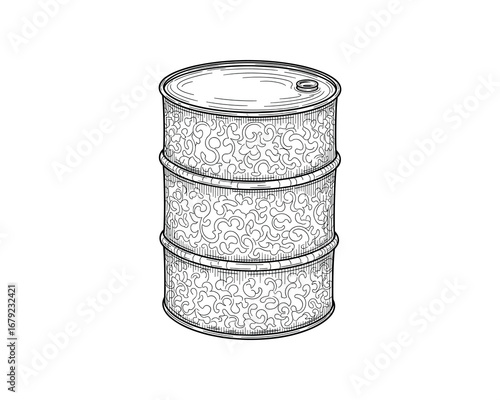 Ornate Metal Barrel, Detailed Etching Pattern, Industrial Container, Monochrome Vector Illustration