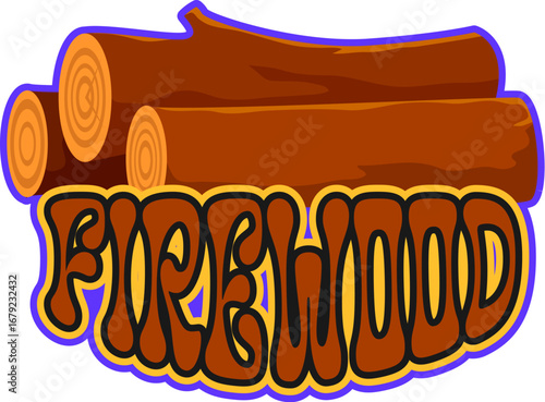 Barbeque firewood, butchery store Y2K retro sticker or tag. Meat BBQ retro Y2K vector sticker, restaurant beef barbeque tag. Steak grill label with wooden logs pile and brown typography text