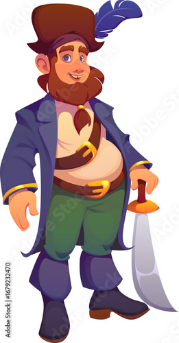 Pirate ship crew cartoon character with cheerful expression and braided beard. Vector corsair personage in blue coat, green trousers, feathered hat and boots holds curved sword. Funny retro sea robber