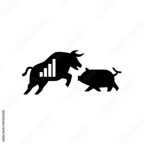 Financial bull and pig clash in vector graphic style with bold symbolic icon composition