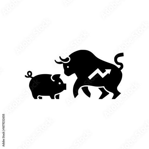Bull versus pig icon battle in graphic style with financial market symbol illustration