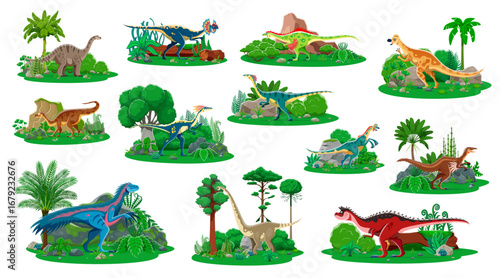 Prehistoric dinosaurs in jungles scenes set. Dilophosaur, pachycephalosaurus, plateosaurus and compsognathus, therizinosaurus, omeisaurus cartoon vector dinosaurs, rocks and jungle forest trees set