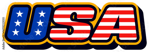 USA retro Y2K sticker or label. American nation patriotic vintage vector patch, United States of America flag colors 60s 70s sticker. USA travel souvenir Y2K tag or label with stars and stripes
