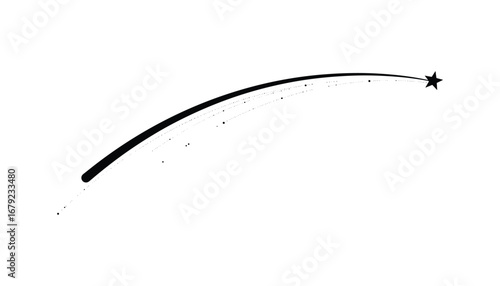 Shooting Star Trail with Starburst, Black Silhouette, Comet Shape, Vector Illustration