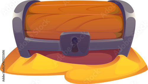 Cartoon wooden treasure chest with metallic frame and central keyhole, partially buried in yellow sand. Vector pirate treasures island icon evokes themes of hidden riches, adventure, and pirate lore