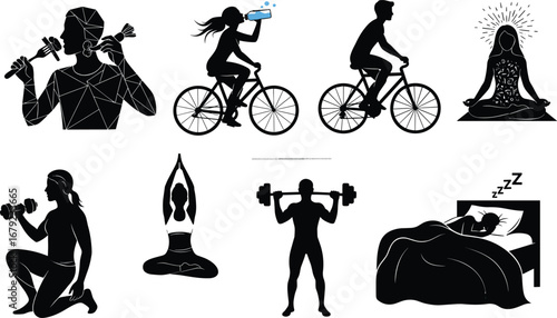 PrintHealthy lifestyle and fitness icons including cycling, drinking water, meditation, weightlifting, yoga, sleeping, balanced diet, and strength training for wellness.