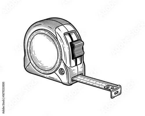 Tape Measure Tool Illustration, Hand Drawn Style, Black and White, Vector Illustration