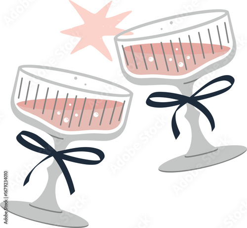 Coupe Glasses with Black Bow Knots Clinking Champagne or Prosecco Vintage Glassware Vector