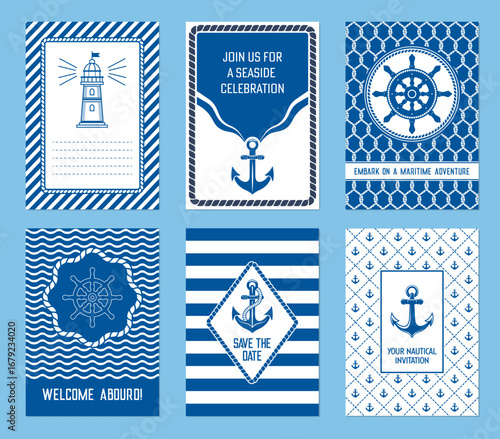 Marine nautical invite cards at vector background with sea ship anchors, boat wheels and lighthouse in rope frames. Wedding party nautical invite, save date banner or marine cruise flyer templates