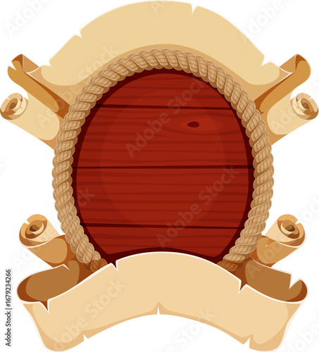 Wooden round pirate emblem bordered with rope and scroll banner accents. Isolated cartoon vector nautical vintage label. Caribbean adventure or corsair themed game icon, menu or ui frame element