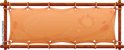 Cartoon blank pirate signboard, wooden frame with stretched tan leather or fabric, tied with ropes. Vector heraldry icon, rustic sign board or banner for adventure, tribal or fantasy game interfaces