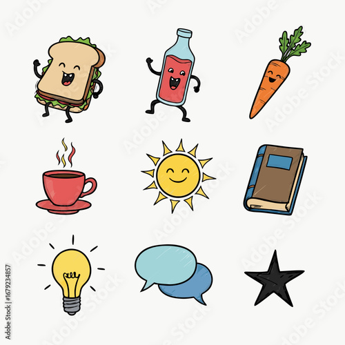  A charming collection of hand-drawn style cartoon icons featuring everyday items like a sandwich, beverages, carrot, coffee, sun, book, lightbulb, and speech bubble, all with cheerful faces.