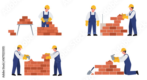 Construction Worker Building Brick Wall in Various Poses with Tools and Materials