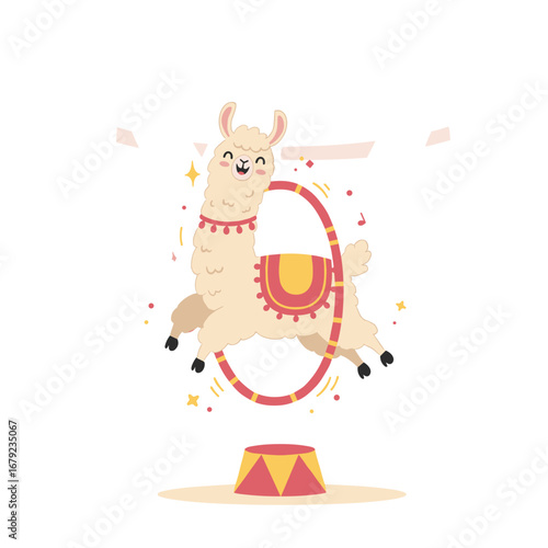 Cute llama jumping through a hoop in a playful circus setting  