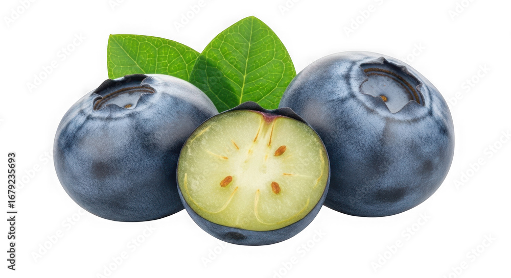 Obraz premium Fresh blueberries with vibrant green leaves close-up shot for healthy eating transparent background