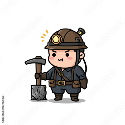 Cute cartoon chibi miner character wearing a hard hat with a headlamp, holding a pickaxe, ready for excavation.