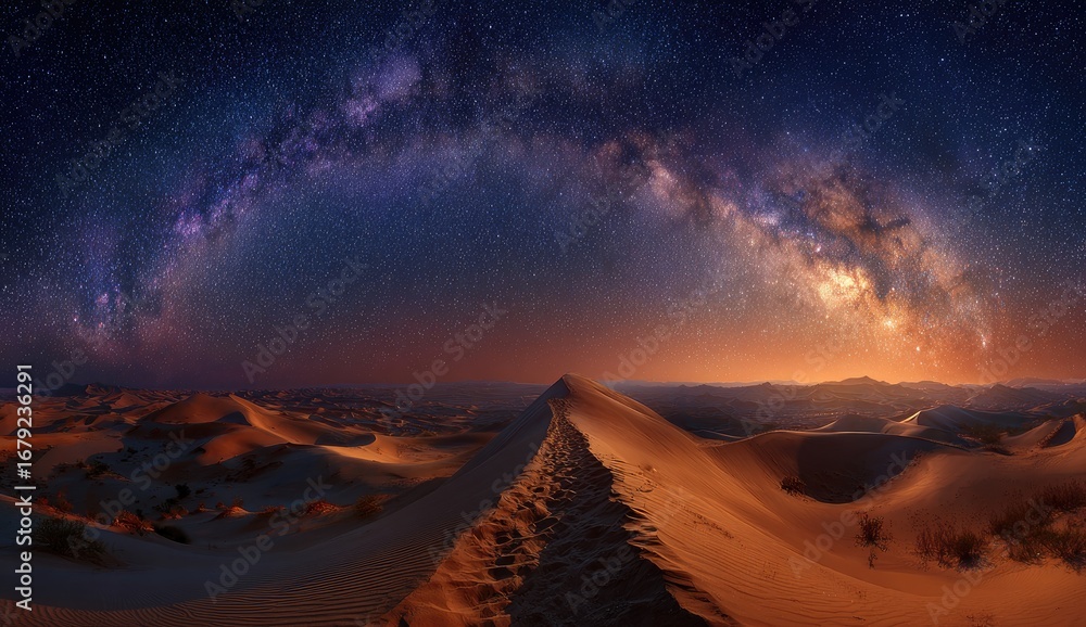 Fototapeta premium Vast desert landscape under a spectacular night sky