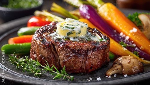 Grilled steak with colorful roasted vegetables