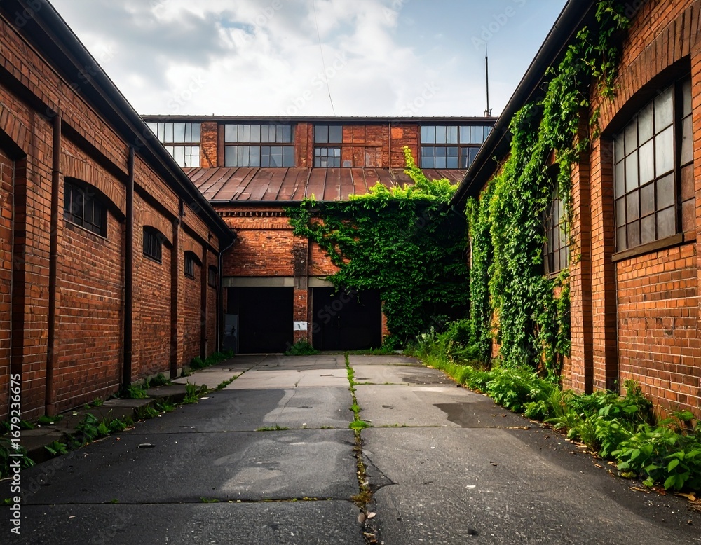 Obraz premium Empty Industrial Pathway Between Old Buildings