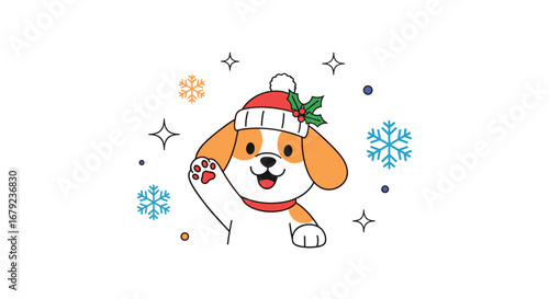 Cute christmas puppy wearing a santa hat waving happily in the snow