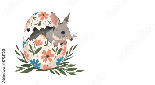 Cute bunny emerging from a decorated easter egg surrounded by greenery