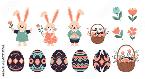 Cute easter bunny rabbits flowers easter eggs spring holiday celebration festive season