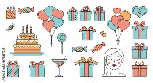 Collection of birthday party elements and decorations for celebrations