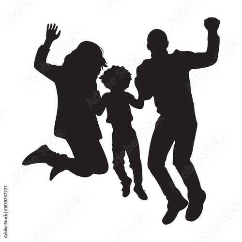 Silhouette Family Joy: Happy Parents and Child Jumping for Excitement silhouette
