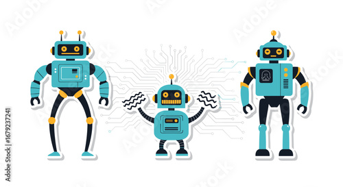 Three futuristic blue robots standing and waving arms in a fun playful manner