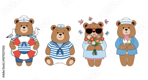 Four adorable cartoon bears dressed in nautical sailor outfits enjoying a summer day