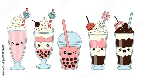 Cute kawaii drinks with adorable faces enjoying sweet refreshments