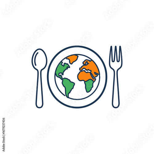 Vector illustration of a fork, spoon, and knife on a dinner plate, symbolizing restaurant cutlery
