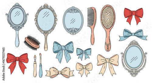 Pretty vintage style vanity mirror handheld brushes ribbons and bows collection