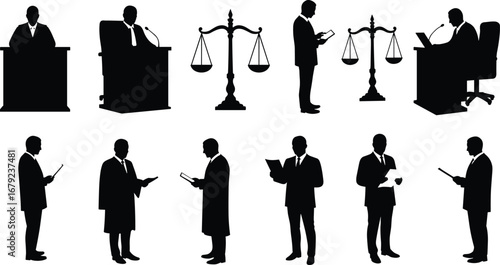 Silhouettes of lawyers, judges, legal professionals, reading documents, using tablets, courtroom scenes, scales of justice, law concept vector illustration