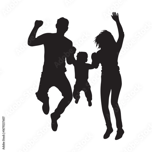 Silhouette Family Joy: Jumping Parents, Child, Happiness, Unity, Celebration silhouette