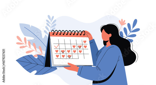 Woman holding a calendar with hearts and checkmarks showing a menstrual cycle tracking plan