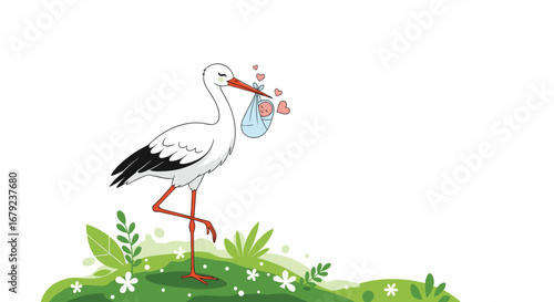 Charming stork delivering a precious baby bundle in a field of flowers celebrating new life