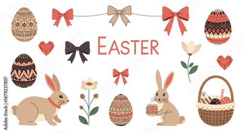 Happy easter celebration with cute bunny rabbits decorated eggs and festive bows