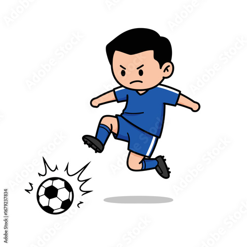 Angry cartoon soccer player powerfully kicks a ball.
