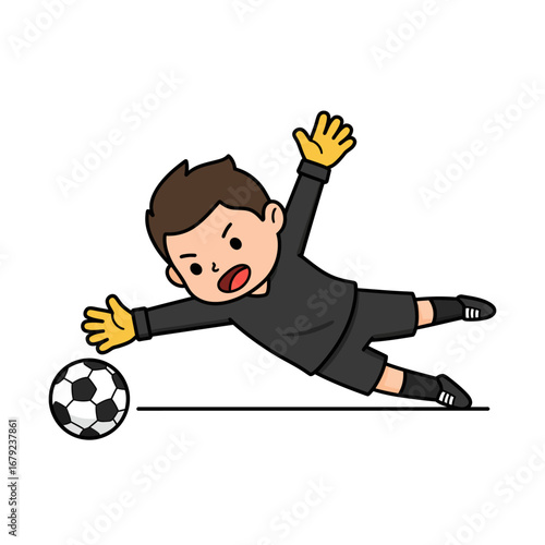 A cartoon soccer goalkeeper boy in a black uniform diving to save a soccer ball.
