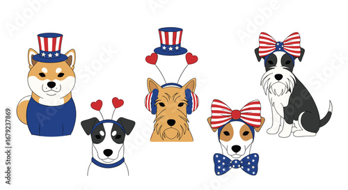 Cute dogs celebrate the fourth of july with festive hats and patriotic accessories