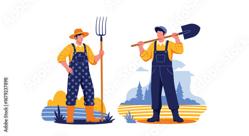 Farmers working in fields holding tools representing agriculture and rural life