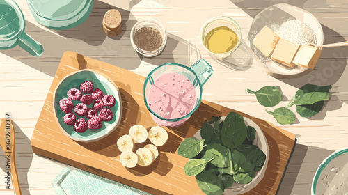 Smoothie ingredients sliced bananas frozen berries