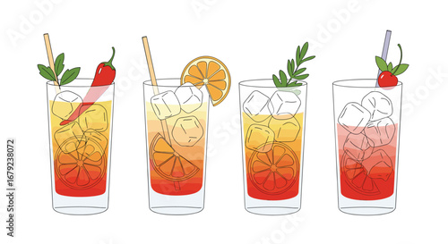 Refreshing tropical cocktails with garnishes and ice cubes perfect for summer parties