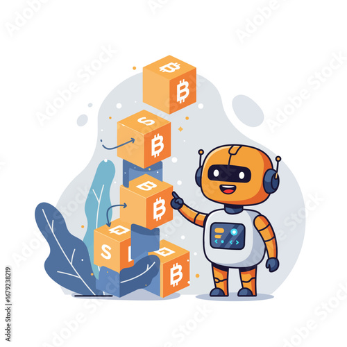 Cartoon robot stacking blocks with Bitcoin and dollar symbols, representing cryptocurrency investment or financial technology.