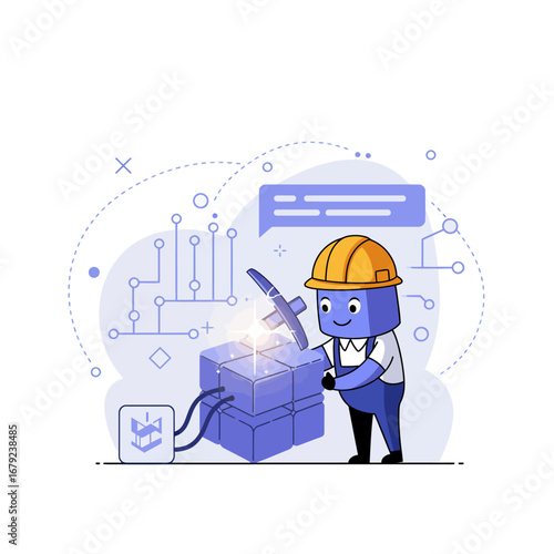 A cartoon worker in a hard hat mines a glowing digital cube with a pickaxe, illustrating blockchain and data concepts.
