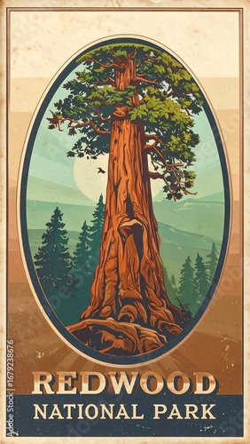 A vibrant illustration showcases the majestic redwood tree of Redwood National Park, set against a backdrop of a serene forest landscape.