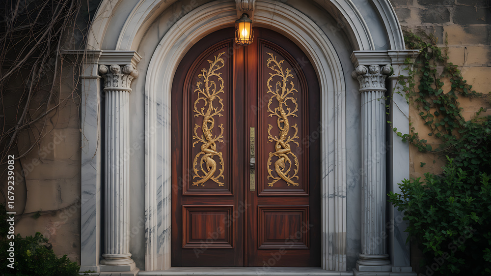 Fototapeta premium Ornate architectural entrance with grand wooden doors and column details
