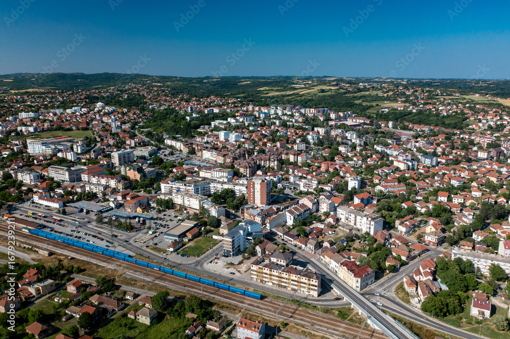 Fototapeta premium Mladenovac, Serbia. Aerial drone view Panorama of city