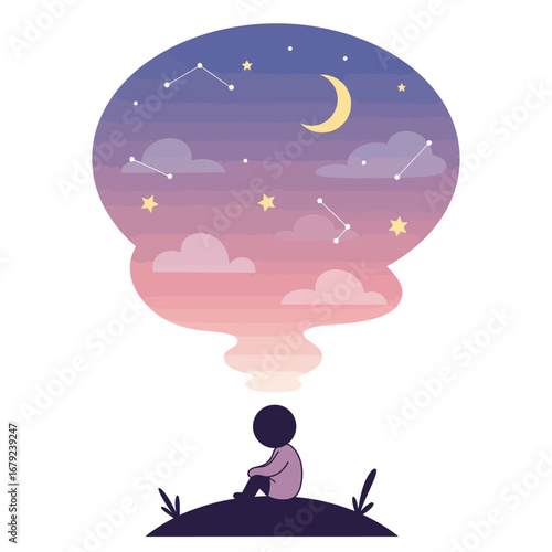 A person sits on a hill, their imagination filled with a dreamy night sky, crescent moon, and constellations.